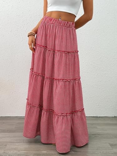 Trendy Queen Long Skirts for Women Boho Maxi Skirt Summer Swing Tiered A-Line Elastic High Waist Dress with Pockets Fashion