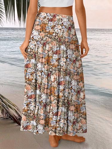 Trendy Queen Long Skirts for Women Boho Maxi Skirt Summer Swing Tiered A-Line Elastic High Waist Dress with Pockets Fashion